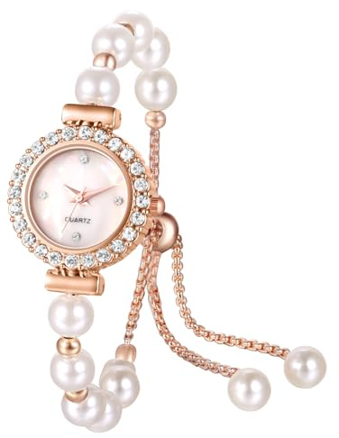 Silverora Orologi da donna con perle piccole: 3 ATM, impermeabili, analogici, al quarzo, con cinturino in perle artificiali, squisito orologio da polso regolabile, regali per le donne, Punto oro rosa
