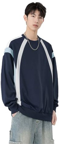 Seiizaa Sudadera para Hombre Sin Sombrero Coreano Cuello Redondo Suelto Casual Top Juvenil-Blue-M