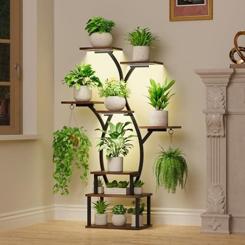 POZILAN Supporto per fiori con luce, 120 cm, 8 ripiani, in legno e metallo, supporto per fiori per esposizioni, plant stand per interni per terrazza, giardino, balcone, soggiorno