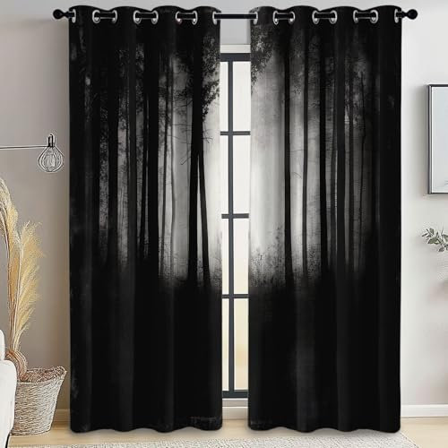 Vorhänge Blickdicht H 215 x B 91.5 cm (2er Pack) dekor für Kinde Junge und Mädchen Zimmer Schlafzimmer Wohnzimmer, Ösen Vorhang Natur Dunkler Wald, Schwarz Lärmschutz Verdunkelungsvorhänge