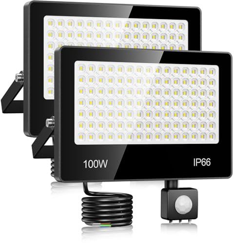 LAMLAMCK Foco LED con Sensor De Movimiento 100W - 2 Piezas 10000LM 6500K Blanco Focos LED Exterior Con Sensor De Movimiento, IP66 Impermeable Proyector Exterior para Patio, Jardín, Pasarela, Garaje