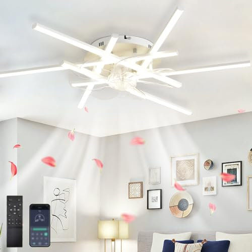 LASANYA Ventilatore Da Soffitto Con Luce E Telecomando Motore DC Dimmerabile, Moderno Grande Lampadario Con Pale,Plafoniera Con Ventilatore Da Soffitto Per Camera Da Letto Soggiorno,Bianco-82CM