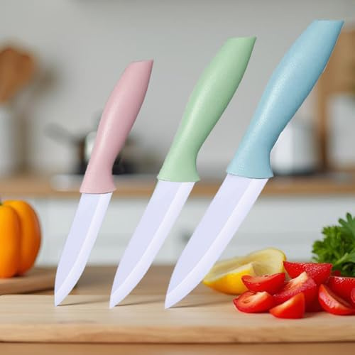 3 Pieces Ceramic knife set, 3-Inch 4 Inch 5-Inch Colorful Knife Set with Sheaths Covers, Zirconia Blade and Ergonomic handle,Use for meat fruit vegetable Bread and Butter. (pink green blue)