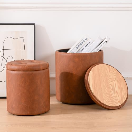 Round Ottoman with Storage Set of 2, 12.6W x 14.17H & 14.76W x 17.32H Faux Leather Button Tufted Storage Ottoman, Boucle Vanity Stool Footrest Coffee Table for Living Room, Bedroom, Brown
