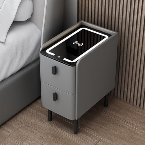 Modern Smart Bedside Table with Wireless Charging Station and LED Lights Narrow Nightstand with 2 Drawers for Home Gadgets and Technology Dark Gray (35 * 40 * 48CM)