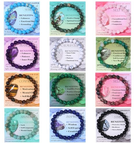FIRAZIO 12Pcs Natural Stone Beaded Bracelets for Women Men Semi-Precious Gemstones Bracelets Crystal Bracelet Unisex Adjustable Stretch Bracelets (8MM)