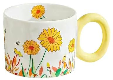 Keramiktasse mit Griff, Milch, Haferflocken, Frühstückstasse, gelbe Chrysantheme, 420 ml