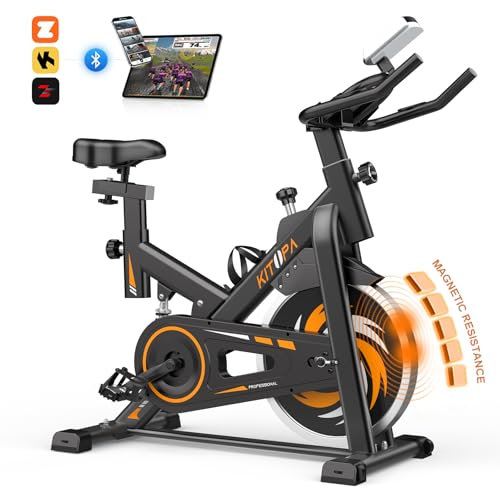 Vélos D'appartement à Résistance Magnétique, KITOPA Vélo de Fitness d'Intérieur Silencieux, Compatible avec KINOMAP et ZWIFT, Écran LCD, Entraînement Cardio à la Maison, Capacité 150KG