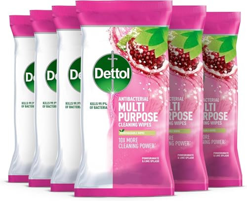 Dettol Antibacterial Multi-Surface Cleaning Wipes, Pomegranate & Lime Scent, 105 Count (Pack Of 6) - Fresh Household Disinfectant For Kitchen, Bathroom, And More