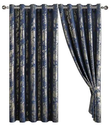Abstract Metallic Marbled Velvet Curtain Pair - Heavyweight with Foil Print - Room Darkening Eyelet - Fully Lined for Thermal Insulation - Includes Two Tiebacks (Navy, 66 x 72 (167 x 183 cm))