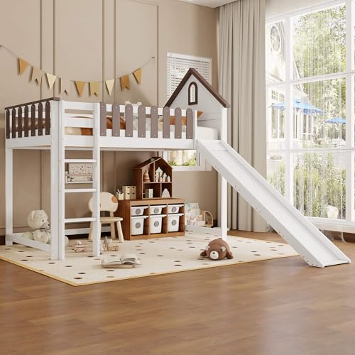 MQGPM Hochbett 90x200 cm mit Rutsche und Stauraum, Etagenbett Kinderbett mit Leiter und Lattenrost, Bettgestell mit Rausfallschutz, Bett für Jugendliche und Kinder, Weiß