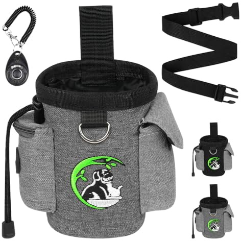 Adiwo Sac à Friandises pour Chien, Sac de Dressage pour Chien, Pochette de Dressage pour Chien, Pochette pour Chien avec Distributeur de Sacs, Aves Clicker de Dressages, Gris