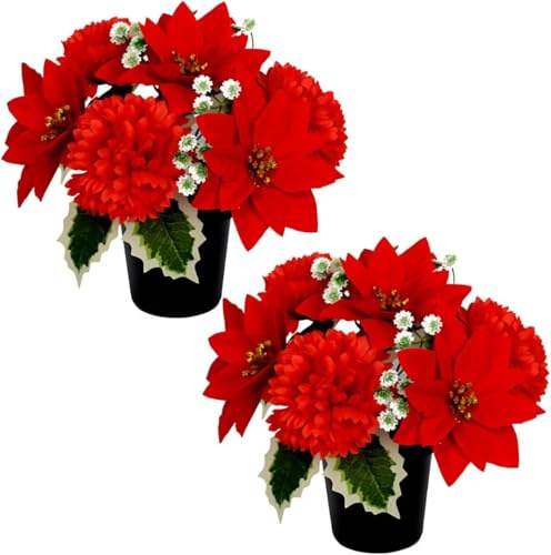 Homesecret Pack2 Christmas Artificial Flowers for Graves | Red Poinsettia with Chrysanthemums | Cemetery Artificial Grave Flower Pots | Durable Grave Pot for Floral Arrangement Decorations