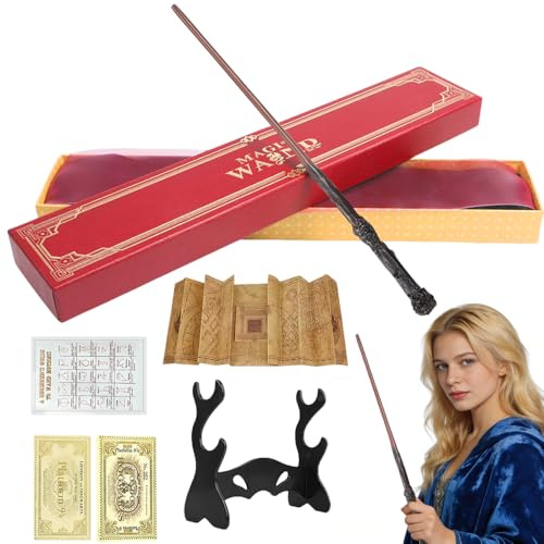 Harry Wand, Magic Harry Wands With Resin, Handcrafted Wizard Wand Prop with Gold-Embossed Train Tickets, Maps, Black Sword Stand, Gift Box Packaging for Carnival Halloween Props, Birthday Gifts
