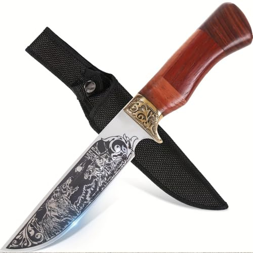 GER-SABER Couteau Outdoor 26cm – Lame Straight-Back Gravure Chasse Ours Chien Noire, Garde Laiton Motif Vigne, Poignée Multicouche Palissandre Texture HV, Compagnon Élégant pour la Nature