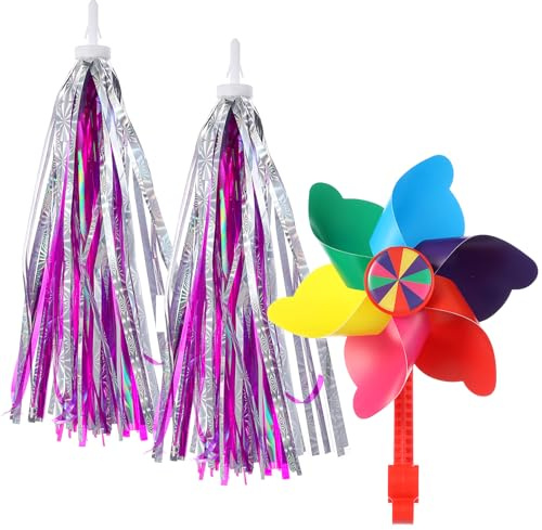 Grevosea 2Pcs Kids Bike Streamers with 1Pc Windmill, Rainbow Handlebar Tassels Bicycle Accessories Scooter Bicycle Tricycle Handlebar Streamers Handle Bar Grips for Handlebars Fun Bike Boys & Girls