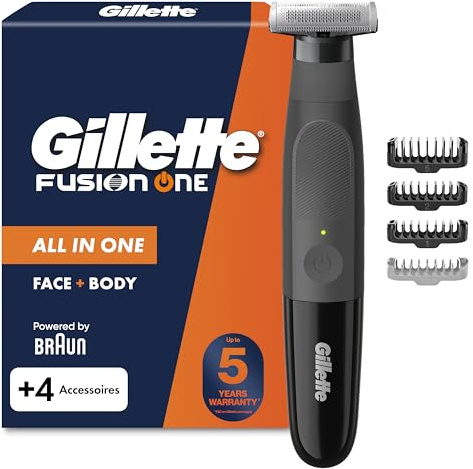 Gillette Fusion One Recortadora de Barba Y Afeitadora Corporal, Negro - Barbero Todo en Uno para Cara Y Cuerpo, Cabezal Pivotante, 4 Peines, Resistente al Agua, Inalámbrica, 45 Min de Uso