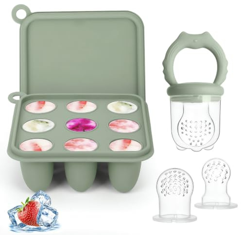 Orliver Fruchtsauger Baby Silikon mit Gefrierform, Baby Food Feeder & Obstsauger, BPA Frei für Früchte, Muttermilch und Brei, Beißring zur Linderung beim Zahnen, 3 Silikonsauger, ab 4 Monaten (Sage)
