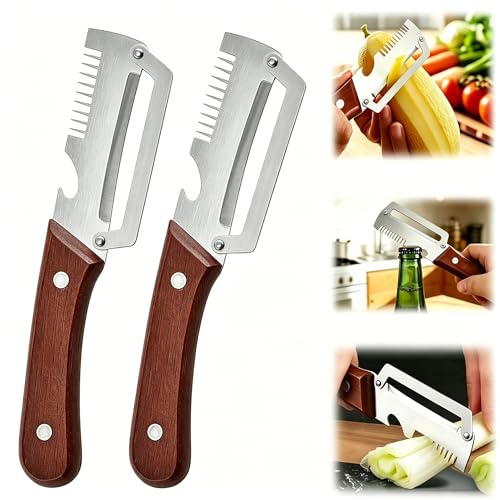 2026 Nuovo Pelapatate Professionale per Frutta e Verdura da Cucina, Pela Patate Utensile Multifunzione, Pelapatate Acciaio Inox Con Manico in Legno E Apribottiglie (2PCS)