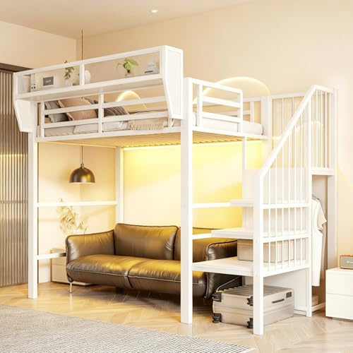 Merax Hochbett 90x200 cm mit LED-Lichtleiste, Sicherheitsleiter & flexiblem Stauraum, Erwachsenenbett aus Metall, platzsparendes Etagenbett für Kinder & Erwachsene, Weiß (ohne Matratze)