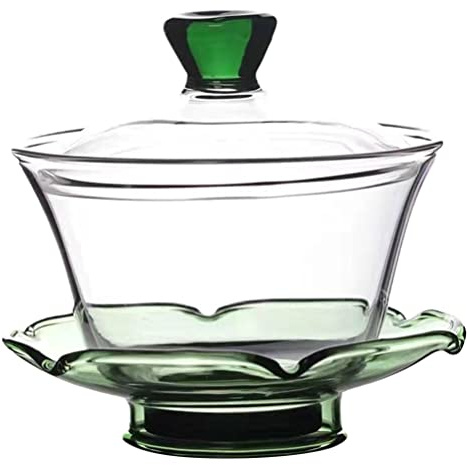 Kichvoe Taza de Té Resistente al Calor de Vidrio Transparente Tipo Sopera 10 Cm Tapa Verde Tradicional y Creativa Juego para Hogar y Salón de Té para Infusiones Gongfu