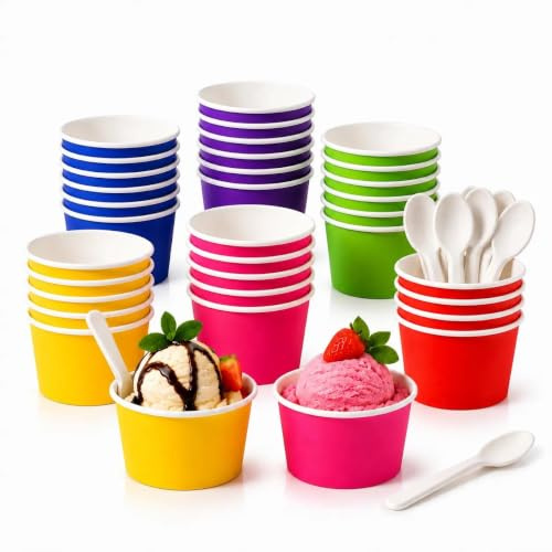 Fancysky Coppette Gelato di Carta con Cucchiaio, 30 Pezzi Coppe Dessert | Multicolore Bicchieri di Carta per Gelato, Yogurt, Dessert, Budino