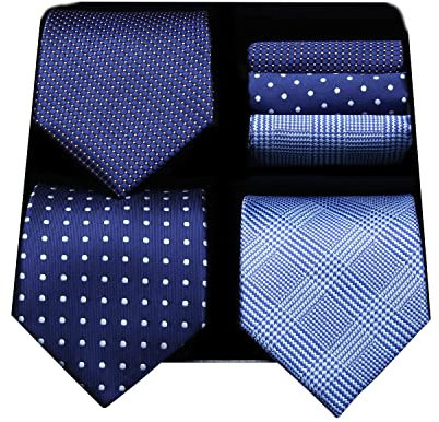 HISDERN Lote 3 PCS Corbata de hombre Cheque de lunares Fiesta de bodas de color solido a rayas Panuelo Corbata y Bolsillo Cuadrado - Conjuntos multiples