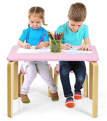 COSTWAY Set Mobili Tavolino e Sedie per Bambini, Set 3 Pezzi con Tavolo Attività di Legno e 2 sedie, Mobili Multifunzione per Camera da Letto Sala Giochi per Bambini (Rosa)
