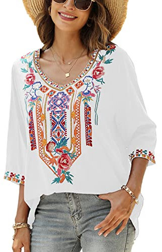 Seasonal Damen Stickerei Bluse Bohemian Herbst Tunika Bestickte Folklore Blusen Hippie Blumenmuster Oberteil 3/4 Arm Lose Tops (3X-Large, 328-Weiß)