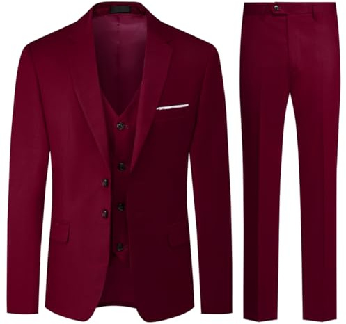 Allthemen Traje de Hombre de 3 Piezas de Ajuste Delgado con un Solo Pecho de Dos Botones Traje de Esmoquin de Boda Chaqueta Chaleco Pantalones Burdeos XXL