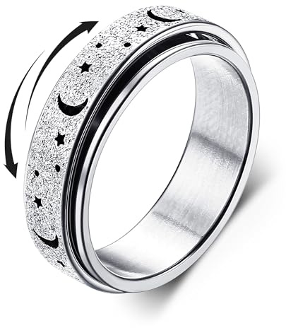 Diamday Anello Anti Ansia Spinner per Stress - Fidget Band per Donne e Uomini - Acciaio Inossidabile Rotante Luna Stella Argento 17