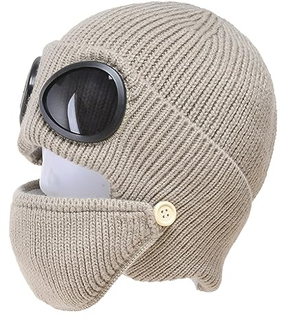 Elegtiskas Unisex Goggle Knitted Beanie Hat Outdoor Winter Warm Ski Hat with Goggle