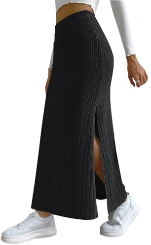 EGSDMNVSQ Gonna Donna Maxi Gonna Fessura Gonna Casual in Maglia Vita Alta Slim A-Line Volant Gonne Lunghe Semplici Gonna Elegante Fessura Gonna Tubino Gonna Autunnale Elastico in Vita