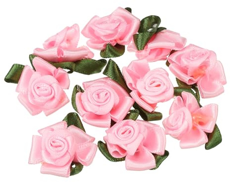 PATIKIL Mini Rose di Nastro di Raso, 20 Pezzi Piccole Roselline di Stoffa con Foglie Verdi per Progetti di Artigianato, Decorazioni, Applicazioni, Rosa