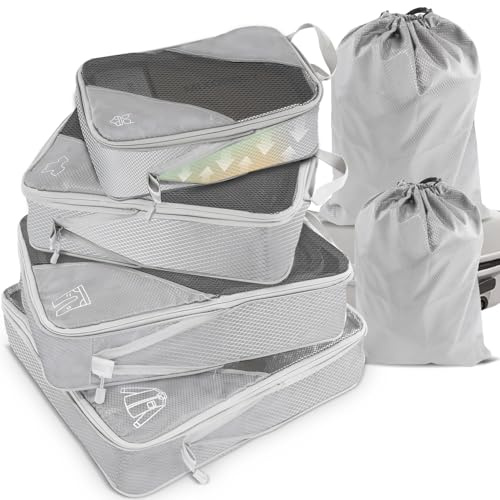 Organizador Maleta Bolsas Organizadoras Maleta, 6 Piezas Gris Extensible Organizadores Maletas de Viaje, Ultraligero Compression Packing Cubes para Guardar Ropa Mientras Viaja y en Casa
