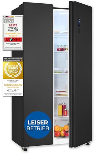 Exquisit Side by Side Kühlschrank | 442 l Nutzinhalt, Energieklasse E, 39 dB, No Frost, Schnellgefrieren, Super-Kühl-Modus, LED-Beleuchtung, digitale Temperaturanzeige | SBS546-040E inoxlook-az