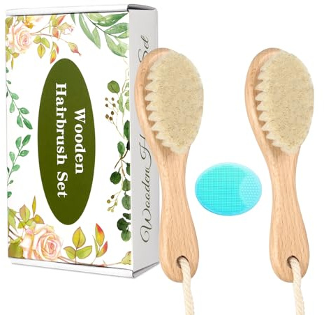 Baby-Holzbürste und Kamm, 2 Stück, natürliche Ziegenborsten, Haarbürste mit Wiegenkappe, Kamm für Neugeborene, Kleinkinder, Neugeborene, Jungen, Mädchen (Grün)