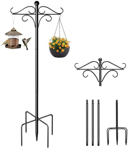 75.98 Inch/193CM Shepherd Hook, Bird Feeder Pole Adjustable Height Bird Feeders Hanging Station with 5 Prong Base Heavy Duty Metal Bird Feeder Stand for Garden Lights, Lanterns, Plant Baskets