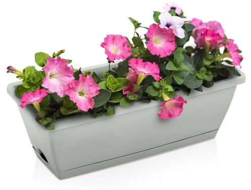 5 Pcs Outdoor Rectangle Plastic Vegetable Plant Pot With Drainage Holes & Tray, Large Flower Planters For Succulent, Herbs & Vegetables, Window Long Pots For Home Garden, 50 x 19 x 15cm (Grey)