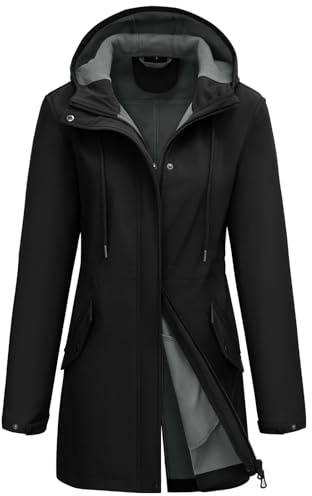 Yuson Girl Softshell Jacket Women's Waterproof Jackets with Hood Fleece Lined Rain Coat Windbreaker Ladies Functional Coat Outdoor Jacket Lightweight Outerwear for Spring Fall Winter(Black, XXL)
