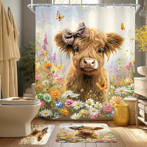 Funny Cow Cute Highland Western 4Pcs Bathroom Shower Curtain Set with Rugs