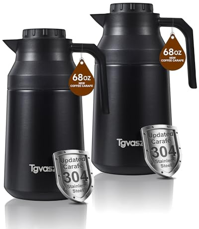 2 PCS Thermal Coffee Carafe Insulated Stainless Steel Coffee Carafe for Hot Liquid Vacuum Thermal Pot Creamer Pitcher Dispenser Keeping Hot Water Milk(Black/Black 68 oz)