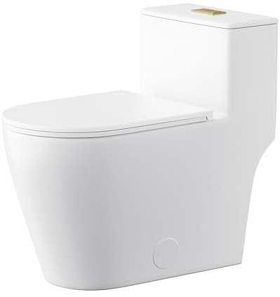 Casta Diva Elongated One Piece Toilet with 17 ADA Comfort Chair Height Seat Compact Toilet for Bathroom Dual Flush 1.1/1.6GPF, 12'' Rough-in, Dual Flush Toilet Button Golden