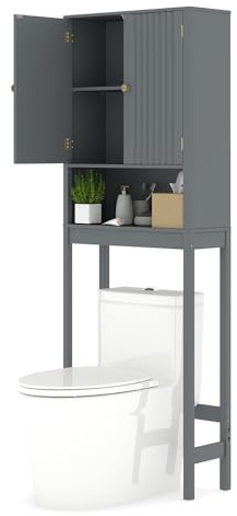 GIANTEX Toaletthylla, hylla över toalett med justerbara hyllor, toalettskåp med 2 dörrar och öppen hylla, 60 × 23 × 168 cm, utrymmesbesparande överskåp för badrum och tvättstuga (grå)