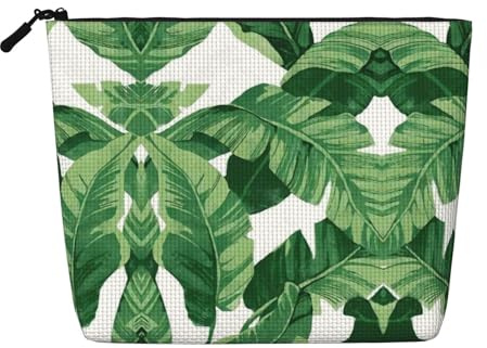 Cute Green Palm Leaves Makeup Bag Large Capacity Fake Hemp, Portable Zippered Case Water Resistant Toiletry Pouch