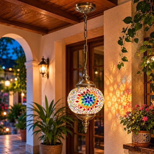DC VOLTAGE Handmade Turkish Mosaic Pendant Lamp Moroccan Style Ceiling Lantern with Colourful Glass Globe and Chain Suspension for Living Room Bedroom and Hallway (with Out Bulb)