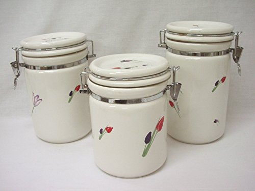 JUEGO 3 BOTES TARROS REDONDOS CIERRE HERMETICOS PORCELANA TULIPANES CESPED COLORES