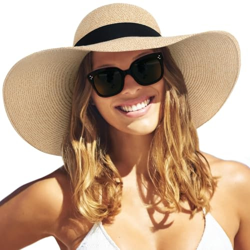 FURTALK Womens Sun Straw Hat Wide Brim UPF 80 Summer Hat Foldable Packable Floppy Beach Hats for Women Mix Beige,Large-X-Large