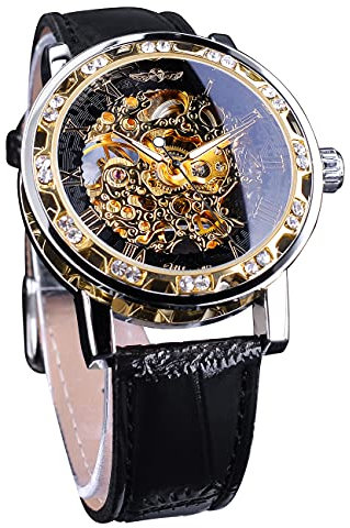 FORSINING Winner Retro Handaufzug Mechanische Skelettuhr mit Diamant und geschnitzter Blumenkunst Herren Skelett Armbanduhr Mechanisch Klassische Römische Zahlen