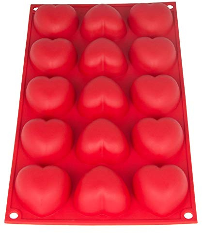 Silikonform med hjärtan stor för muffins, hjärtbakform, 15 hjärtan, bakform, muffinsform hjärta, isbitar, 29 cm x 17,5 cm x 3 cm, kakor, muffinkoppar, choklad, tvål, färg: Röd